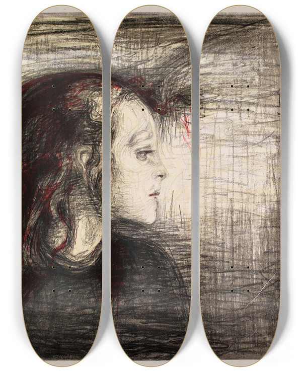 Triptych art skateboard deck of Edvard Munch The Sick Child_2 by Edvard Munch (1863-1944)