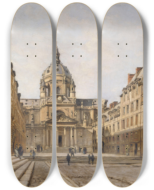Triptych art skateboard deck of Emmanuel Lansyer La Cour De Lancienne Sorbonne by Emmanuel Lansyer (1835-1893)