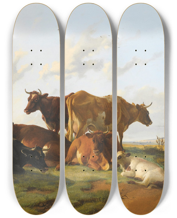 Triptych art skateboard deck of Thomas Sidney Cooper Cattle Grazing In Canterbury Meadows by Thomas Sidney Cooper (1803-1902)