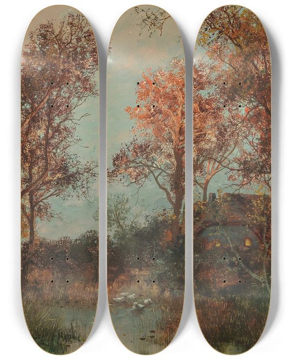 Triptych art skateboard deck of Adolf Kaufmann A Summer Evening by Adolf Kaufmann (1848-1916)