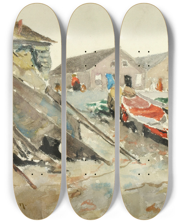 Triptych art skateboard deck of Theodore J Richardson Drying Blankets Over Canoes by Theodore J Richardson (1855-1914)