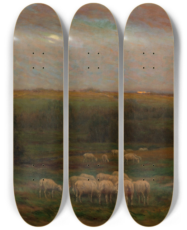 Triptych art skateboard deck of Carleton Wiggins Evening After A Shower_2 by Carleton Wiggins (1848-1932)