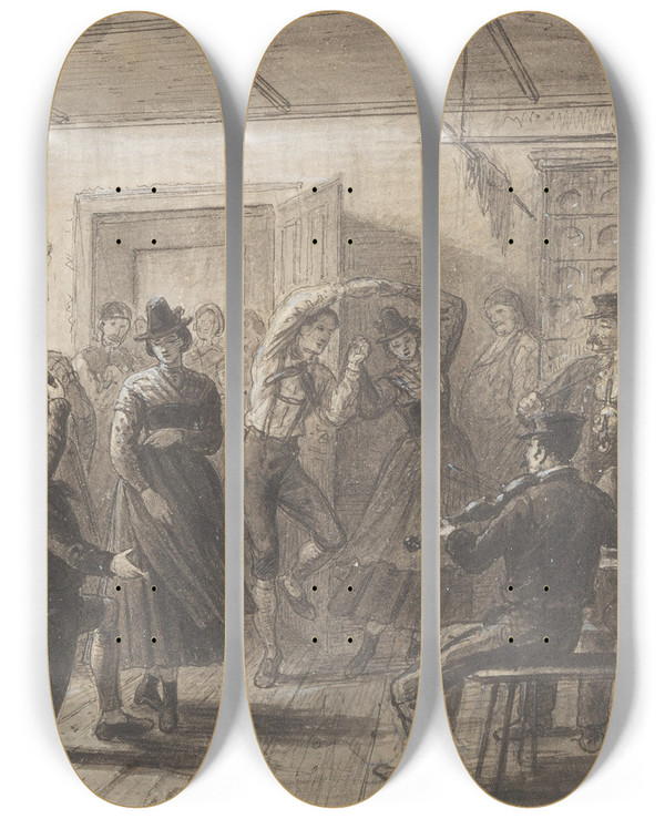 Triptych art skateboard deck of Cajetan Schweitzer Barn Dance In Upper Bavaria by Cajetan Schweitzer (1844-1913)