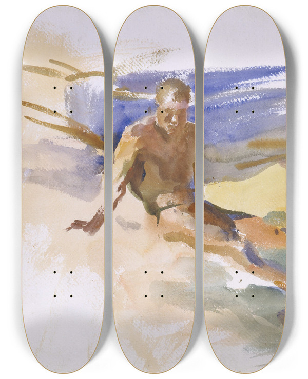 Triptych art skateboard deck of John Singer Sargent Bather Florida by John Singer Sargent (1856-1925)