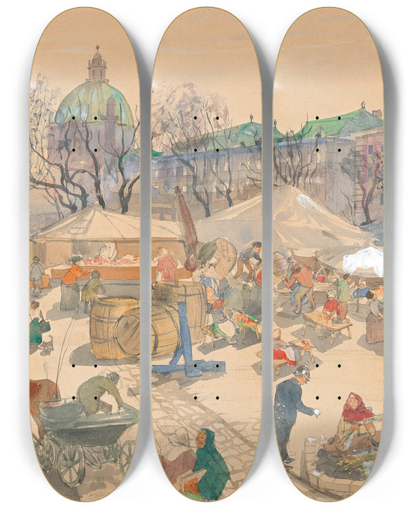 Triptych art skateboard deck of Oskar Laske Der Alte Naschmarkt Vienna by Oskar Laske (1874-1951)