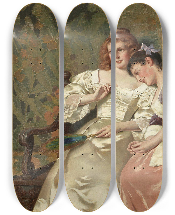 Triptych art skateboard deck of Max Volkhart Two Friends by Max Volkhart (1848-1935)