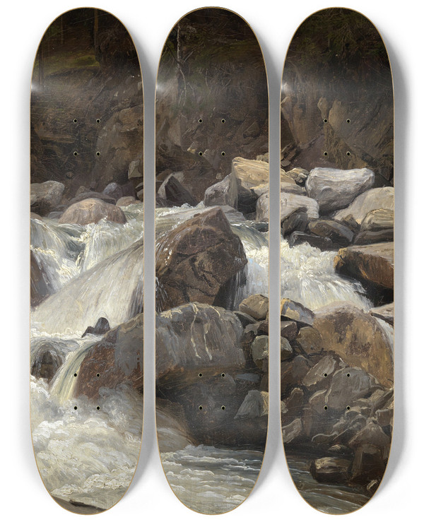 Triptych art skateboard deck of Johann Wilhelm Schirmer Schweizer Gebirgsbach by Johann Wilhelm Schirmer (1807-1863)