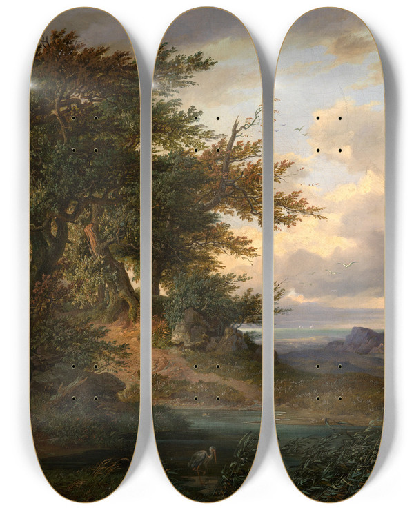 Triptych art skateboard deck of Friedrich Preller The Elder Landschaft Mit Eichen Am Meer by Friedrich Preller The Elder (1804-1878)