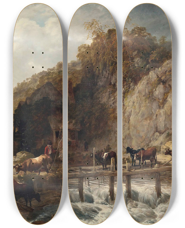 Triptych art skateboard deck of Thomas Sidney Cooper Umberleigh Mill River Taw Devon by Thomas Sidney Cooper (1803-1902)