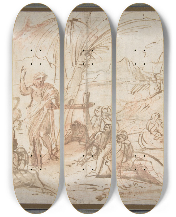 Triptych art skateboard deck of Pier Francesco Mola Saint John The Baptist Preaching_2 by Pier Francesco Mola (1612-1666)