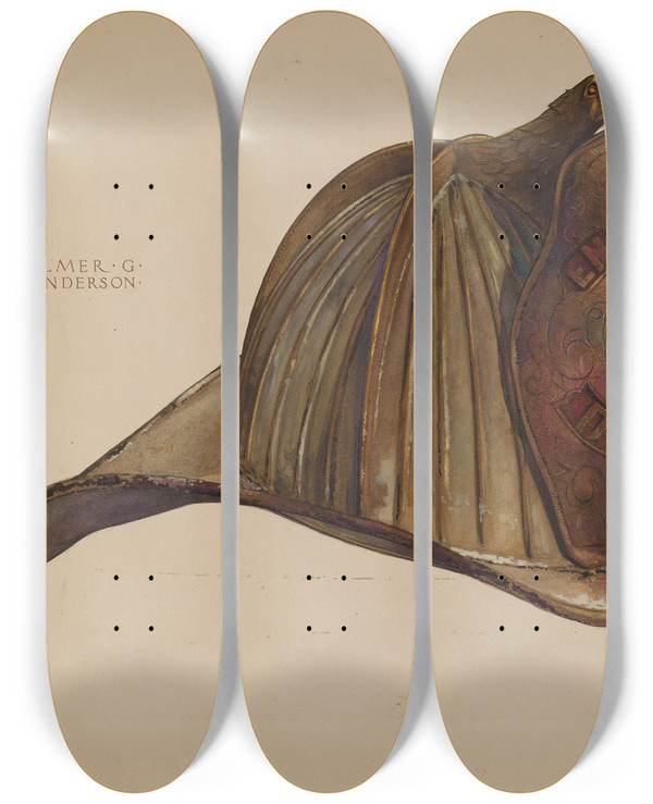 Triptych art skateboard deck of Elmer G Anderson Firemans Helmet by Elmer G Anderson