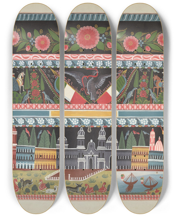 Triptych art skateboard deck of Chester Faris Painted Chest Michoacan by Chester Faris