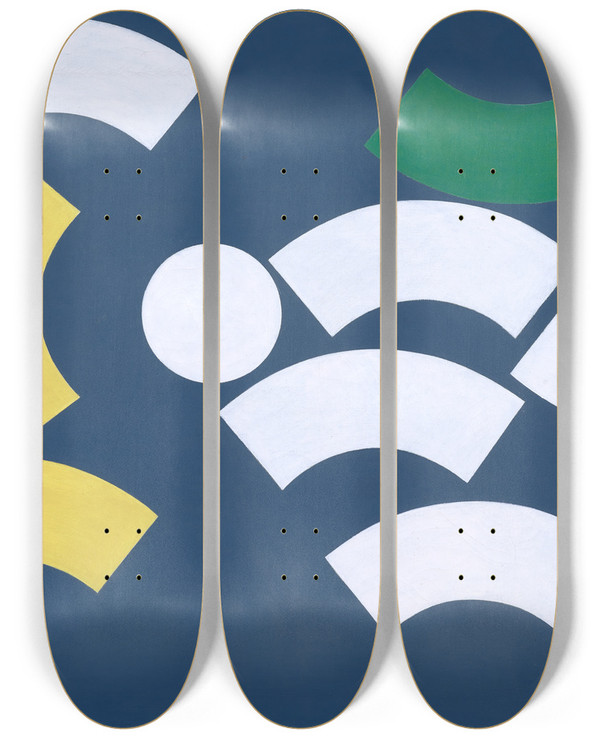 Triptych art skateboard deck of Sophie Taeuberarp Composition With Circle And Circle Segments by Sophie Taeuber-Arp (1889-1943)