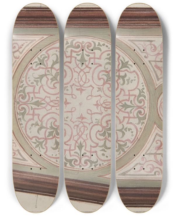 Triptych art skateboard deck of Julesedmondcharles Lachaise Design For Ceiling Htel Hope_1 by Jules-Edmond-Charles Lachaise (1897)