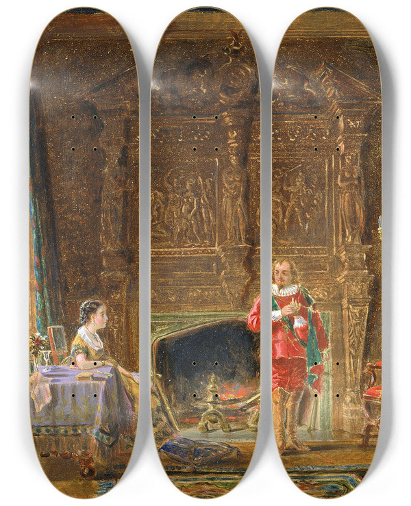 Triptych art skateboard deck of Edward Lamson Henry Interior by Edward Lamson Henry (1841-1919)