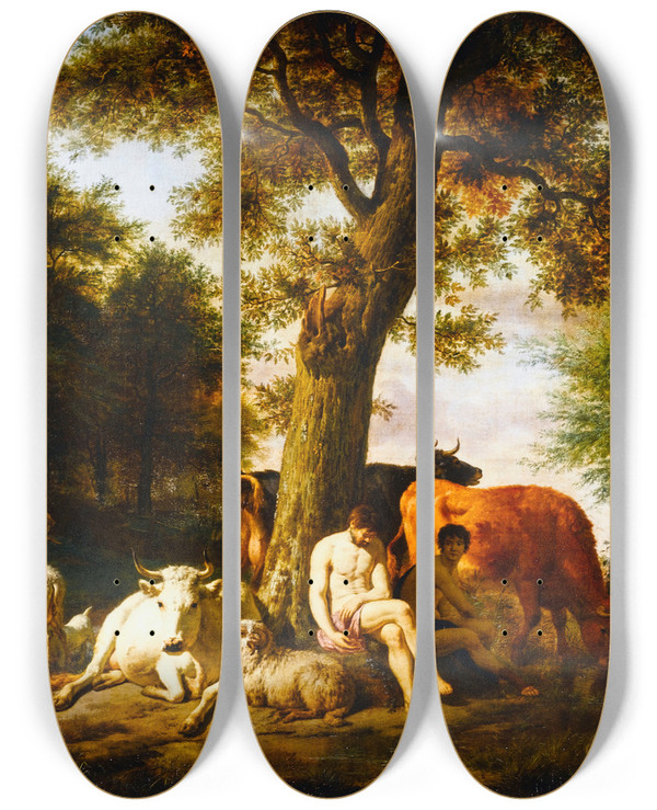 Triptych art skateboard deck of Adriaen Van De Velde Mercury Argus And Io by Adriaen van de Velde (1636-1672)