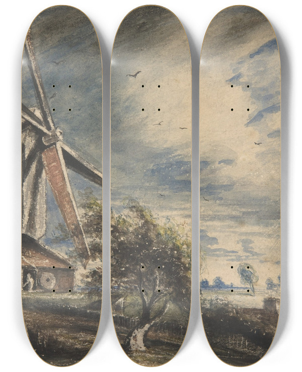 Triptych art skateboard deck of John Constable A Mill Near Colchester by John Constable (1776-1837)