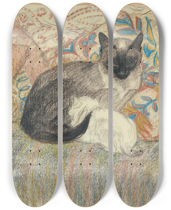 Triptych art skateboard deck of Thophile Alexandre Steinlen Cat And Her Kitten by Theophile Alexandre Steinlen (1859-1923)
