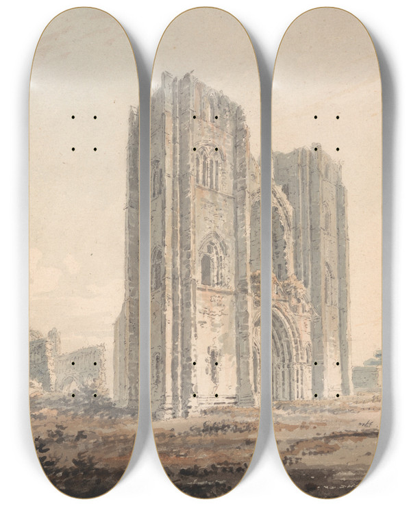 Triptych art skateboard deck of Edward Dayes Elgin Cathedral Moray by Edward Dayes (1763-1804)