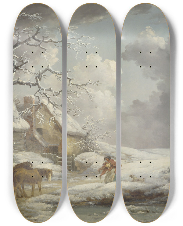 Triptych art skateboard deck of George Morland Winter Landscape by George Morland (1763-1804)