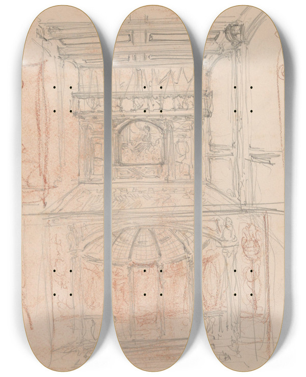 Triptych art skateboard deck of Jules Schmalzigaug Architectural Elements_2 by Jules Schmalzigaug (1882-1917)