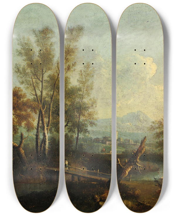 Triptych art skateboard deck of Giovanni Battista Cimaroli River Landscape With Figures by Giovanni Battista Cimaroli (1687-1771)