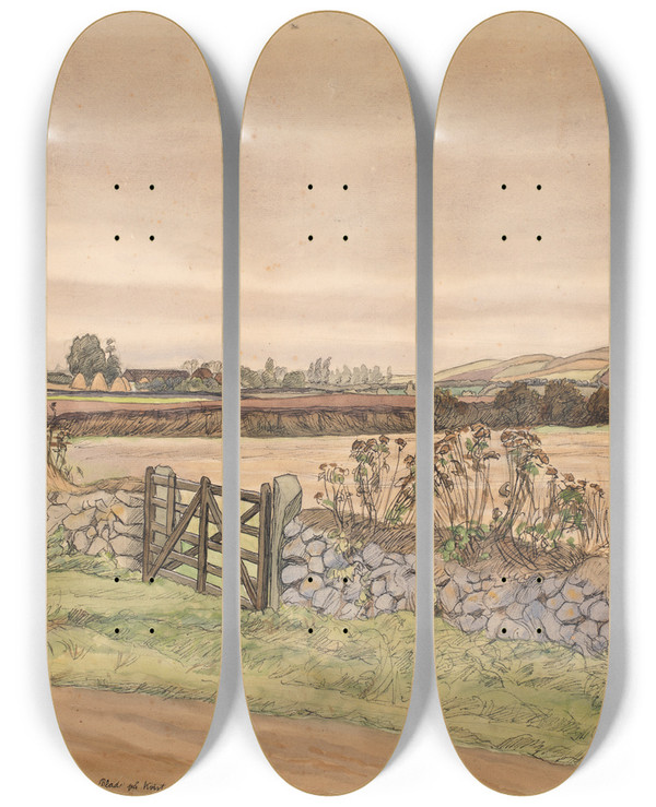 Triptych art skateboard deck of Fritz Syberg Efterrslandskab by Fritz Syberg (1862-1939)