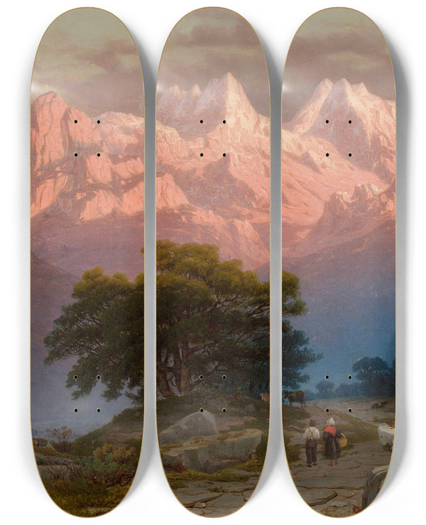 Triptych art skateboard deck of Jzef Marszewski Mountain Landscape With Staffage by Jozef Marszewski (1825-1883)