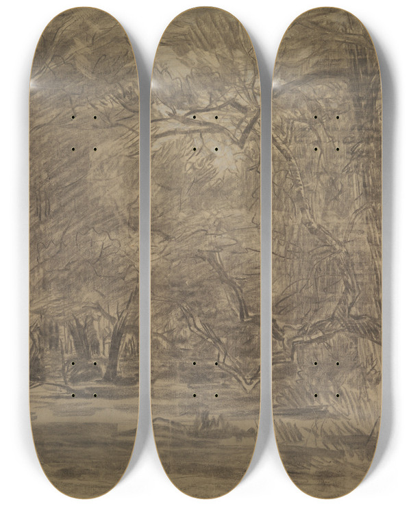 Triptych art skateboard deck of Thodore Rousseau The Interior Of A Forest by Theodore Rousseau (1812-1867)