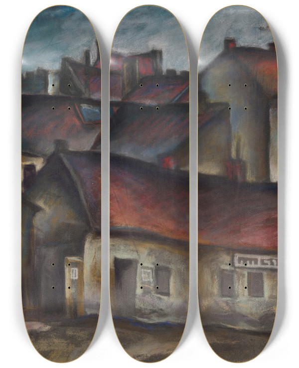 Triptych art skateboard deck of Kontantn Bauer Perifria Mesta by Konstantin Bauer (1893-1928)