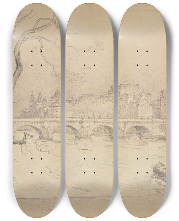 Triptych art skateboard deck of Ferdinand Boberg Le Pontneuf Et La Cit by Ferdinand Boberg (1860-1946)