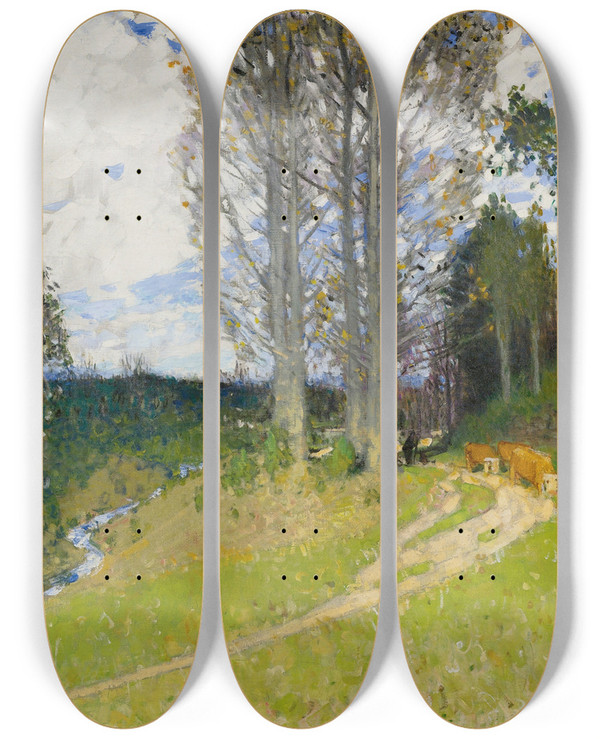 Triptych art skateboard deck of Pierreeugne Montzin La Monte Au Pturage by Pierre-Eugne Montzin (1874-1946)