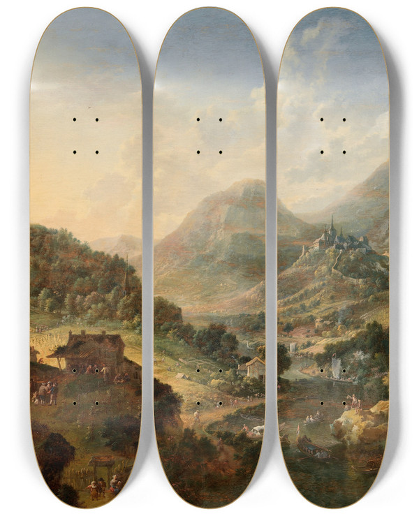 Triptych art skateboard deck of Jan Griffier A River Landscape by Jan Griffier (1648-1718)