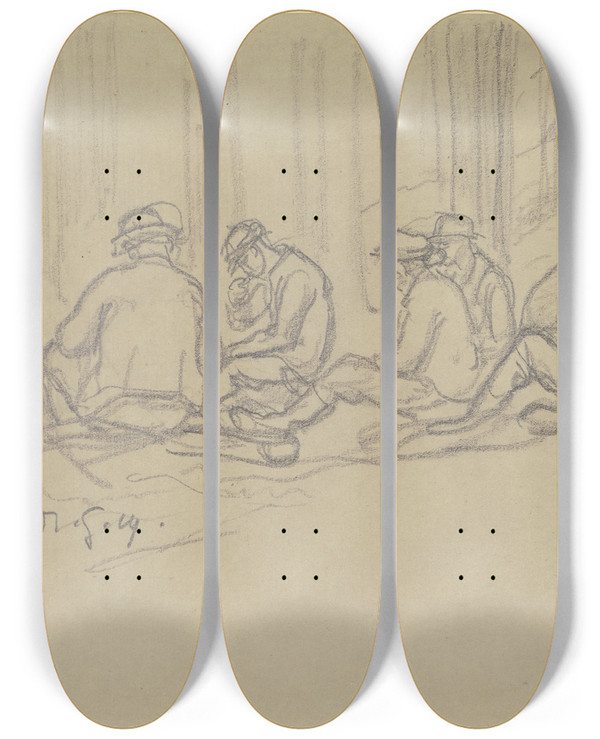 Triptych art skateboard deck of Rudolf Gudden Resting Forest Workers by Rudolf Gudden (1863-1935)