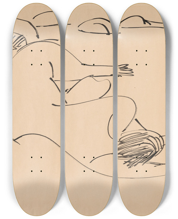 Triptych art skateboard deck of Ernst Ludwig Kirchner Erna Lying On The Beach Among Rocks by Ernst Ludwig Kirchner (1880-1938)