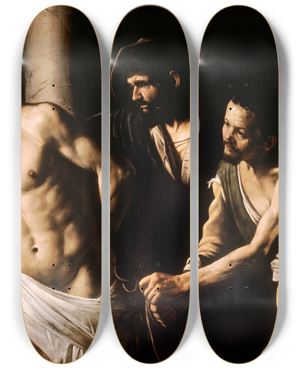 Triptych art skateboard deck of Caravaggio Christ At The Column by Caravaggio (1571-1610)