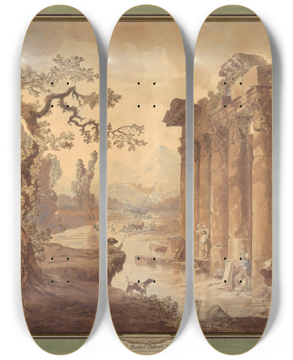 Triptych art skateboard deck of Hubert Robert Landscape With Ruins by Hubert Robert (1733-1808)