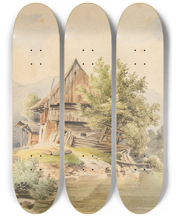 Triptych art skateboard deck of Carl Lafite Holzhtte Am See by Carl Lafite (1830-1900)