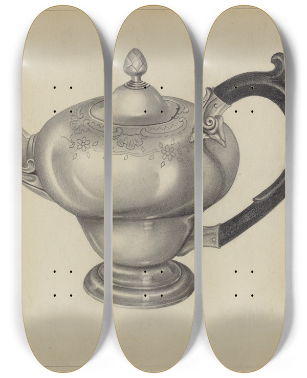Triptych art skateboard deck of Aaron Fastovsky Silver Teapot_2 by Aaron Fastovsky