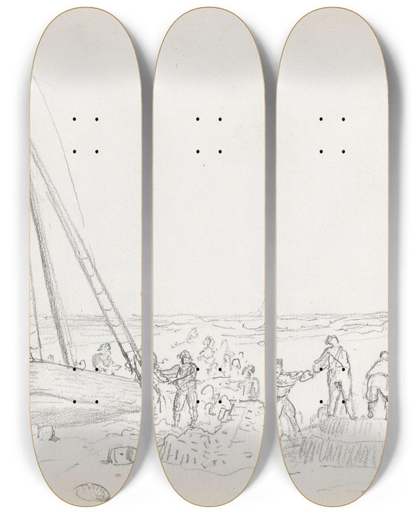 Triptych art skateboard deck of Adolph Tidemand Strandet Skip Borkum by Adolph Tidemand (1814-1876)