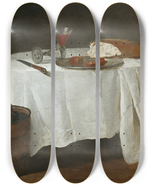 Triptych art skateboard deck of Jean Simon Chardin The White Tablecloth by Jean Simeon Chardin (1699-1779)