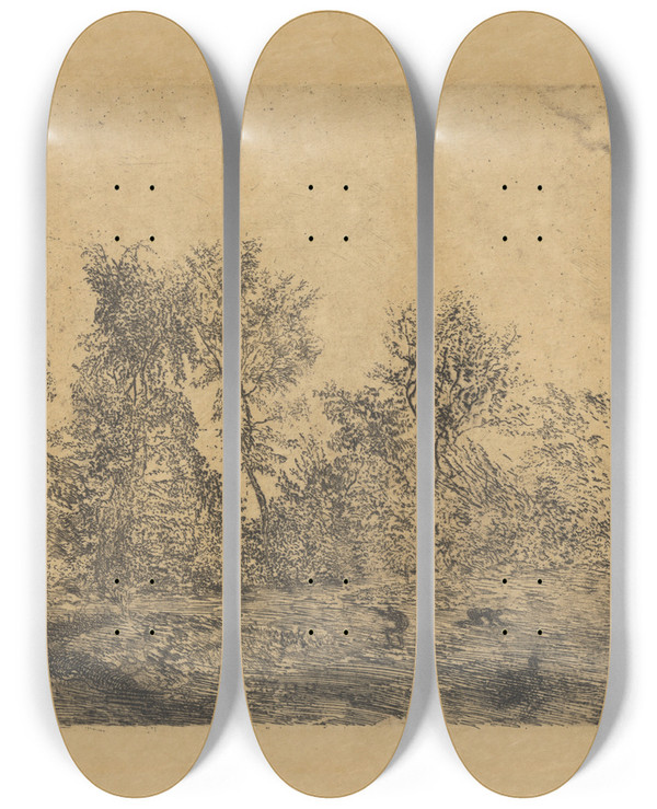 Triptych art skateboard deck of James Ensor Windstoot In Het Geboomte_2 by James Ensor (1860-1949)