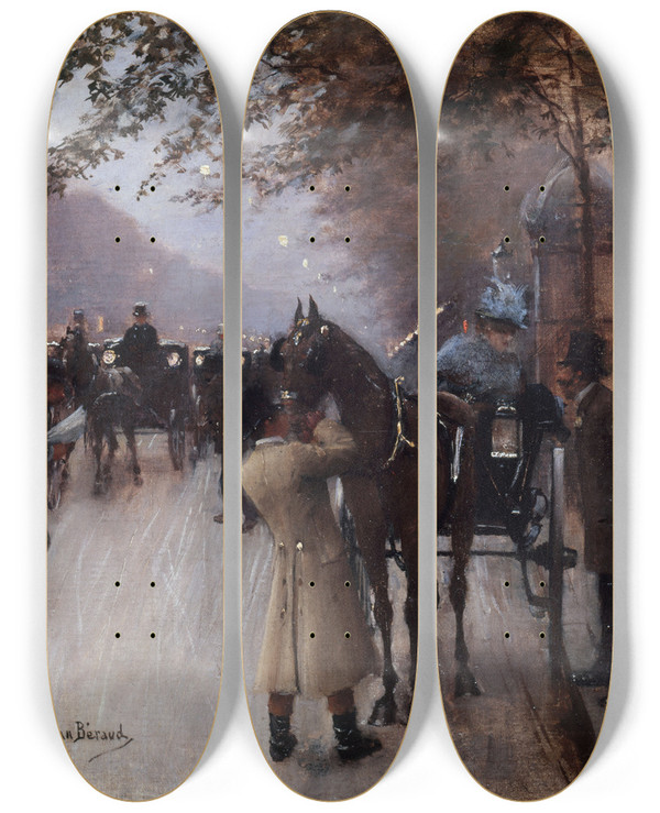 Triptych art skateboard deck of Jean Braud Le Boulevard Des Capucines Le Soir Devant Le Caf Napolitain by Jean Beraud (1849-1935)