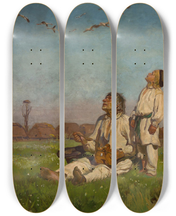 Triptych art skateboard deck of Jozef Chelmonski Storks by Jozef Chelmonski (1849-1914)