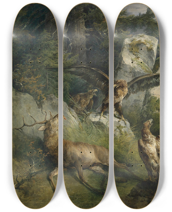 Triptych art skateboard deck of Friedrich August Matthias Gauermann Adler Und Sterbender Hirsch by Friedrich August Matthias Gauermann (1807-1862)