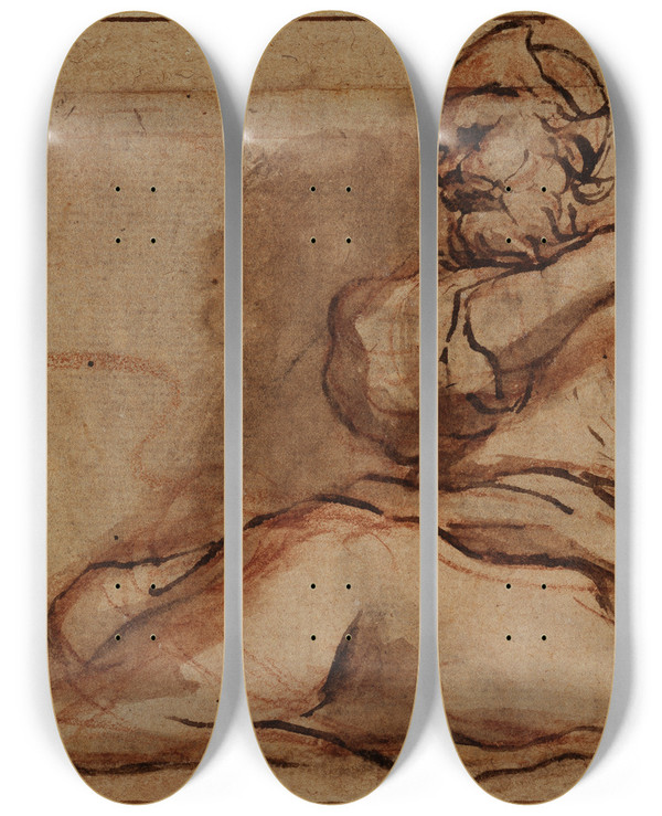 Triptych art skateboard deck of Correggio Seated Figure Facing Left by Correggio (1489-1534)