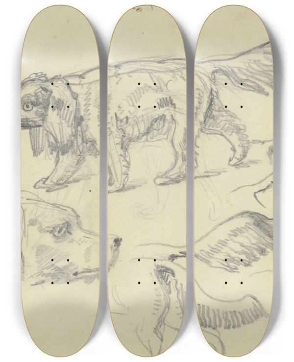 Triptych art skateboard deck of Ferdinand Fellner Study Sheet Dogs by Ferdinand Fellner (1799-1859)