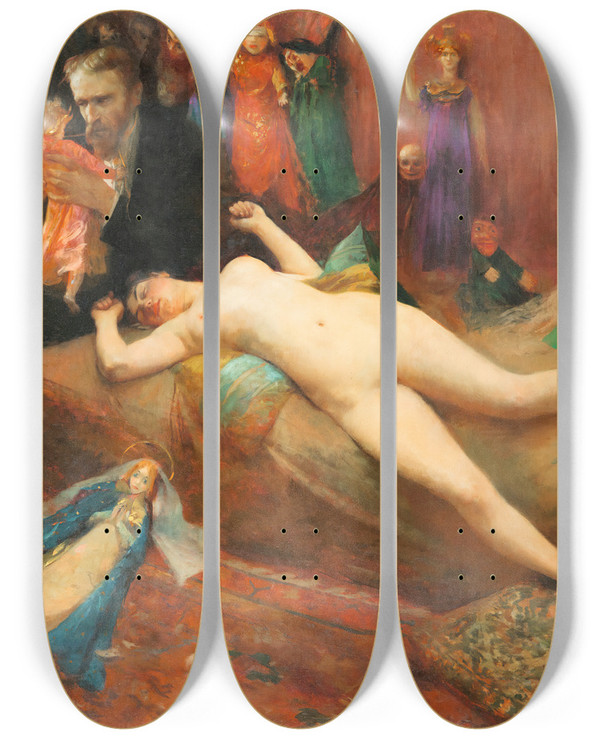 Triptych art skateboard deck of Jean Veber The Doll Man by Jean Veber (1864-1928)