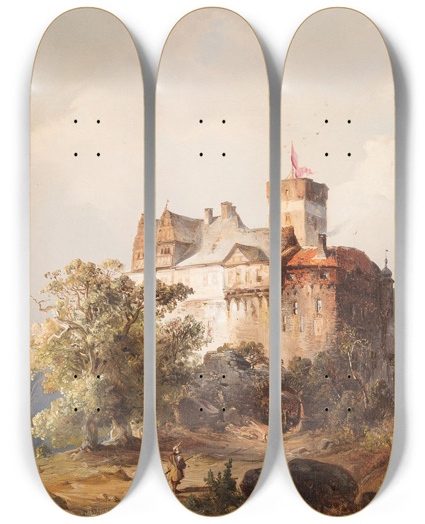 Triptych art skateboard deck of Carl Hilgers Castle In Stormy Landscape by Carl Hilgers (1818-1890)