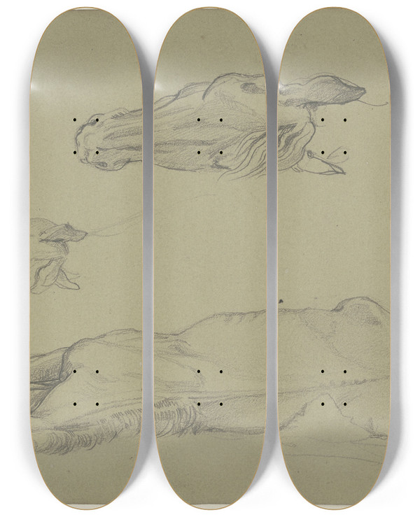 Triptych art skateboard deck of Jakob Becker Studienblatt Sterbendes Pferd by Jakob Becker (1810-1872)